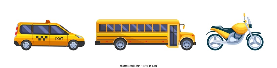 Yellow school bus, taxi car and motorcycle set. Different urban transportation car vehicles, side view. Public and personal city transport flat vector