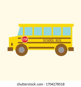 Yellow school bus. There is a school bus sign and a stop sign.