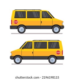 Yellow school bus transport and back to school pupils children transport concept horizontal flat vector illustration.