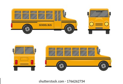 Yellow school bus vector illustration on white background. Side, front and back view. Back to school concept.