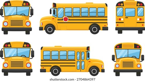 Ilustración vectorial amarilla del autobús escolar, vistas múltiples del ángulo, diseño del vehículo del transporte para la educación, seguridad de los niños, conciencia del tráfico, y gráficos del transporte público