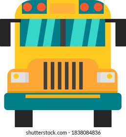 Yellow school bus vector isolated with headlights on. Student child isolated school bus safety stop drive vector. Travel automobile school bus public trip childhood truck. 