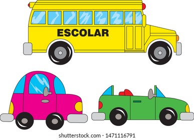 Yellow school bus in vector with a pink car and a green convertible car