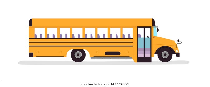 Yellow school bus vehicle illustration on isolated white background. Empty schoolbus from side view for education concept or field trip.