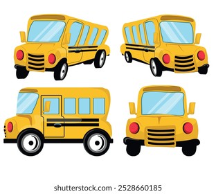 Yellow School Bus Viewed from Different Angles Vector Set, illustration isolated on white background.