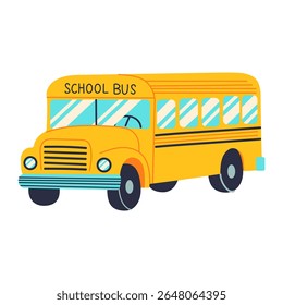 A yellow school bus with the words school bus on the front. The bus is parked on a white background
