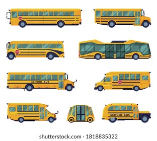 Yellow School Buses Set, Back to School Concept, Students Transportation Vehicles, Side View Flat Style Vector Illustration