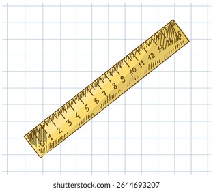 Yellow school ruler in vintage hand drawn style, isolated on a grid notebook background. Colorful vector illustration for education, stationery design and kids' school materials.