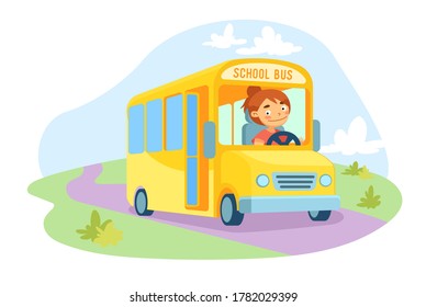 Yellow Schoolbus with Female Driver Character at Steering Wheel Riding Road on Nature Summer or Autumn Landscape Background. Back to School, Pupil Transportation Concept. Cartoon Vector Illustration