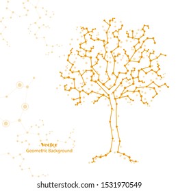 Yellow science tree made of connected lines and dots on white background.