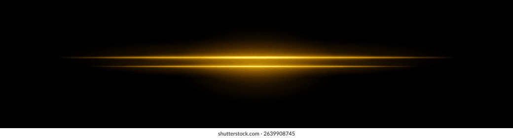 Yellow sci-fi beam. Two horizontal glowing lines with central bright core and radial fade. Dark background gives tech feel. Suitable for energy, laser, futuristic design.