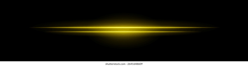 Yellow sci-fi beam. Two horizontal glowing lines with central bright core and radial fade. Dark background gives tech feel. Suitable for energy, laser, futuristic design.