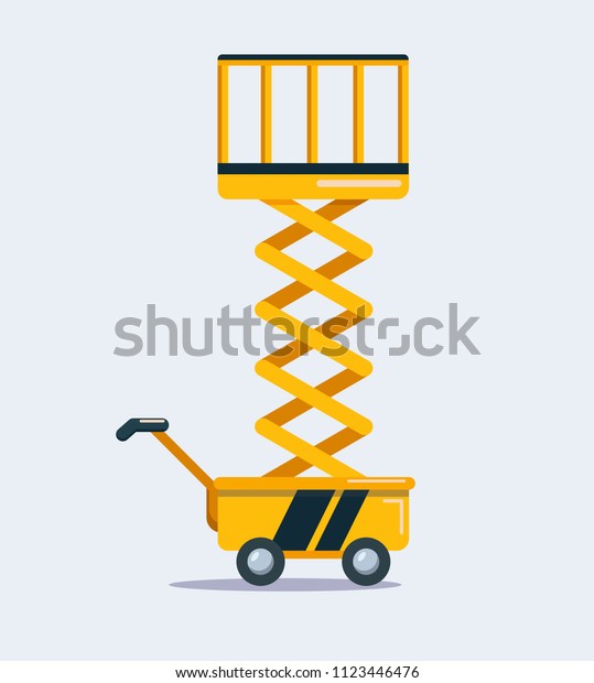 Yellow scissor lift isolated on a light\
background. Vector illustration in a flat\
style