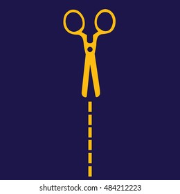 Yellow scissors cut icon vector. Blue background