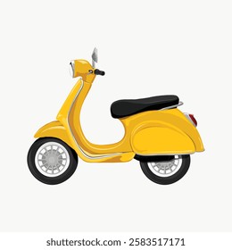 Yellow scooter illustration with a classic design. The scooter features a sleek yellow body, black seat, and silver wheels. Ideal for vintage scooter enthusiasts. Aesthetic vector illustration.