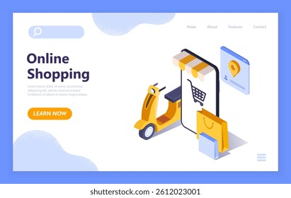 Yellow scooter, smartphone, and shopping bags on white background with blue frame, representing online shopping and delivery service. Vector illustration