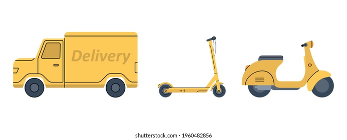 Yellow scooter, van, electric scooter. Transport for fast delivery of online orders. Vector illustration in flat style on a white isolated background. Icon.
