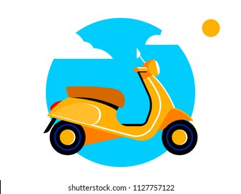Yellow scooter in vector flat style. Blue background with sun and clouds.