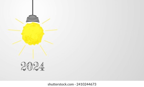 Yellow scrap paper ball illustration for virtual light bulb with 2024, creative thinking innovation and problem solving in new year concept