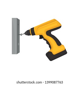 Yellow screwdriver twists a bolt into the wall. Vector illustration on white background.