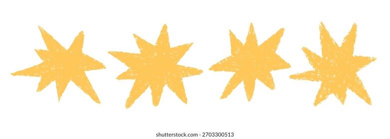 Ilustraciones de estrellas de estilo garabato amarillo. Conjunto de iconos de explosión de crayón áspero lindo. Sketch estrellas siluetas. Textura de tiza de lápiz grunge. Formas cómicas de dibujos animados juguetones