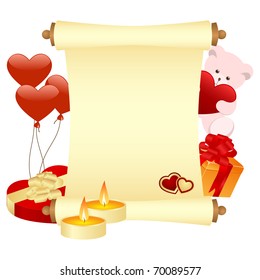 Yellow scroll with gifts. Isolated on a white. Vector illustrated.	