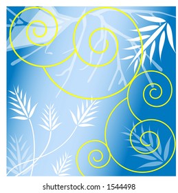 yellow scroll over branches and fauna