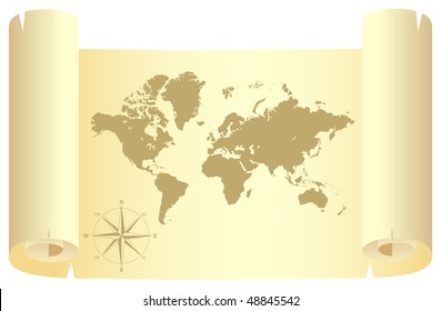 Yellow scroll with world map. Vector illustration, isolated on a white