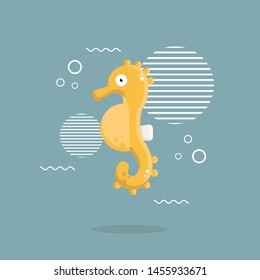 Yellow Sea horse, sea creature in flat design. character vector illustration.