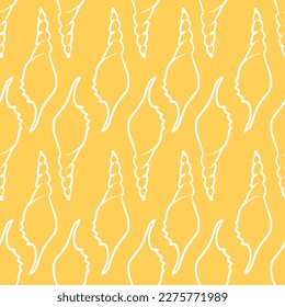 Yellow Sea shell seamless endless beach pattern, summer vibes, vacation mood, white shell on yellow background, for fabric, for textile, for wrapping paper, for print