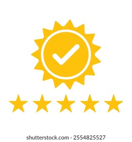 Yellow seal with five stars isolated on white background vector illustration. Gold award medal, Yellow stamp isolated on white. Luxury seal. Winner, Trophy, Top Quality concept.