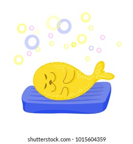 Yellow seal lying lazy on blue mattress. Vector color cartoon image.