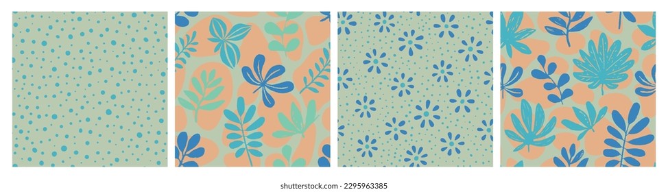 Yellow Seamless Abstract Plant Surface Collection. Green Continuous Classic Beauty Element, Seamless Backdrop. Blue Seamless Nature Bloom Textile Set. 