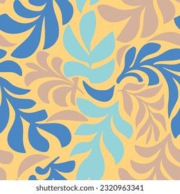 Yellow Seamless Abstract Trendy Palm Template Art. Purple Repeated Botanical Fresh Garden Illustration Texture. Vibrant Continuous Exotic Beach Invitation Wallpaper.