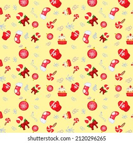 Yellow seamless background with Christmas socks and cute gloves and other little things. Vector pattern with Christmas cozy socks and toys.Christmas Pattern for fabric, paper.
