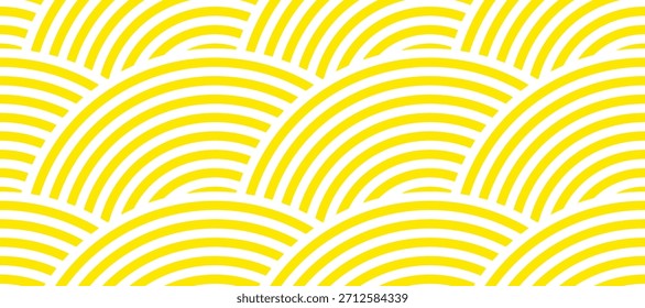 Um fundo amarelo sem emenda com massas e linhas onduladas de espaguete. Este padrão de massas geométricas abstratas em formato vetorial é perfeito para cozinha italiana, papel de parede de macarrão, cartazes culinários, resta