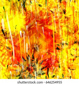 Yellow seamless background with stylized floral elements, strokes, blots and stains. Abstract texture for fabric, wrapping, home decor