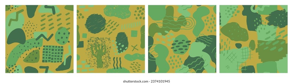 Yellow Seamless Brushed Retro Invitation Silhouette. Blue Continuous Trend Artistic Lines, Seamless Set. Orange Repeated Abstract Isolated Illustration Card