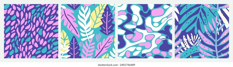 Yellow Seamless Color Organic Style Art. Bright Repetitive Summer Plant Element, Seamless Set. Blue Continuous Contemporary Isolated Invitation Background. 