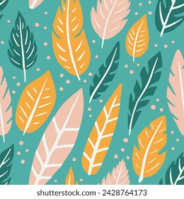 Yellow Seamless Color Quill Ornament Background. Hippie Continuous Abstract Feathers Leaves, Seamless Vector. Vivid Repeated Classic Plumage Textile Design. Quill