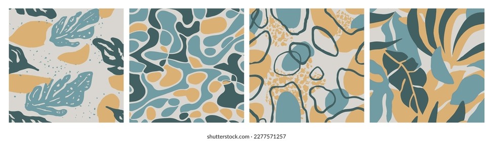 Vector De Líneas De Plantas Creativas Amarillas Y Sin Margen. Vibrante Resumen Repetido Ornamento De Moda, Conjunto Sin Maravillas. Colección De Superficie Retro Elegante Y Rosa. 