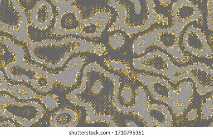 Yellow Seamless Curvy Graphic Marble. Grunge Abstract Dark Repeated Modern Vector Clouds. Gold Repeated Circle Graphic Background. Seamless Monochrome  Grunge Abstract