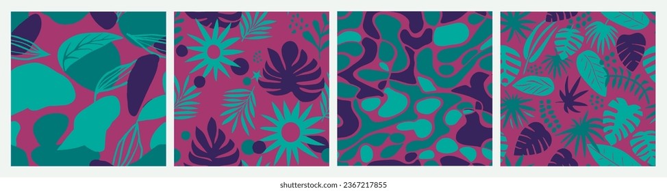 Yellow Seamless Decoration Jungle Scribble Print. Purple Seamless Fashion Foliage Fabrics, Seamless Vector. Pastel Repeated Creative Blossom Shape Backdrop. 