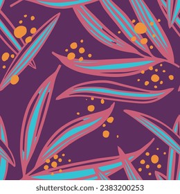 Impresión de forma de árbol de Doodle sin costura amarillo. Elemento Jungla Rosa Continuo Elegante, Arte Sin Marea. Diseño Textil De Flora Veraniega Repetitiva Púrpura. 