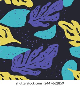 Vector de telas de flora elegantes sin costuras amarillas. Colorida Forma Repetitiva Creativa Fresca, Textura Sin Costuras. Arte de ornamento de palma contemporánea continua negra. 