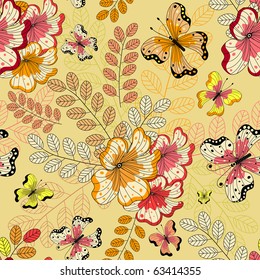 Yellow seamless floral pattern with flowers and butterflies (vector)