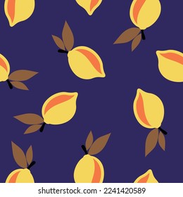 patrón de hojas de fruto vectorial floral sin costura amarillo sobre fondo violeta