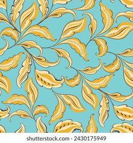 yellow seamless floral vector leaf pattern on green background