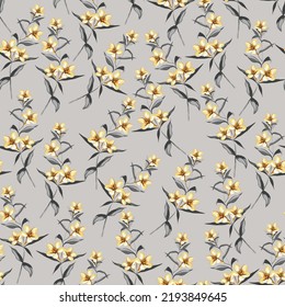 yellow seamless floral vector small flowers with grey leaves pattern on grey background