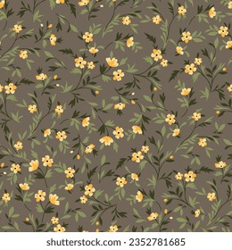yellow seamless floral vector small flowers with green leaves pattern on brown background